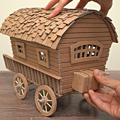 Fairy Wagon Diy, Cardboard Art Diy, Miniature Wagon, Cardboard Crafts Decoration, Thermocol Craft, Cones Diy, Cardboard Diy, Cardboard Model, Cardboard Crafts Diy