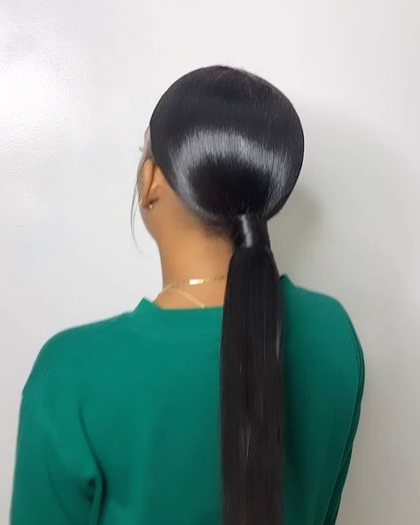 Silk Press Hair Hairstyles Ponytail, Silk Press In A Ponytail, Headband Silk Press, Slik Ponytail Styles Natural Hair, Slik Back High Pony, Low Pony Hairstyles, Long Ponytail Hairstyles, Black Hair Bun, Hoco Hairstyles