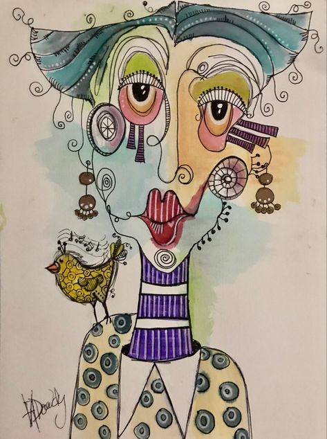 8x10, mixed media on WC paper, available #artwork #faces #life #surrealism #bird #originalart #valeriedowdyart Faces Art, Funky Face Art, Abstract Face Art Drawings, Weird Face Art, Drawing Whimsical People, How To Draw Whimsical Faces, Weird And Wacky Art, Mixed Media Faces, Whimsical Faces Mixed Media