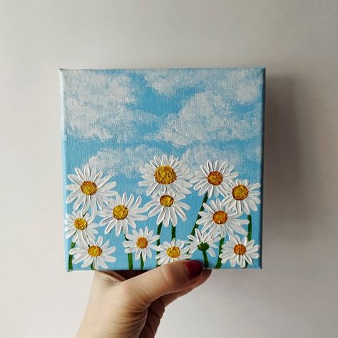 Acrylic on canvas 6*6" Canvas Painting Ideas Daisy, Easy Paintings Square Canvas, 4x4 Canvas Painting Ideas Easy, Small Square Canvas Art, 4x4 Canvas Paintings, Small Square Painting Ideas, 4x4 Canvas Painting Ideas, Mini Canvas Paintings Acrylics, Small Square Canvas Painting Ideas