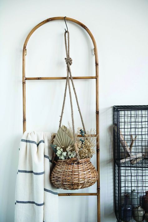 68"H Decorative Metal Ladder with Arched Top & Bamboo FinishWhoever said ladders are for just for climbing was wrong. This stylish metal ladder is perfect for storing and displaying decorative throws, scarves or towels. Perfect for any room of the home, it can even be great in the kitchen for displaying aprons and tea towels.Measurements: 16"L x 1"W x 68"H Bamboo Ladders, Metal Ladder, Dried Botanicals, Hanging Rattan, Painted Bamboo, Blanket Ladder, Cotton Throw Blanket, Hand Woven Baskets, Thick Rope