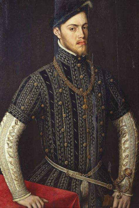 Back then people had a unique sense of style. They wore armorish types of clothing. Mary I Of England, King Of Spain, Fashion History Timeline, Yellow Portrait, Spanish King, Tudor Dynasty, Yellow Costume, Royal Collection Trust, British Family