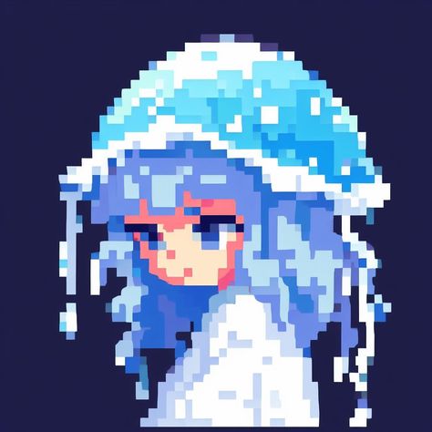 Pixel icon of a girl with blue jellyfish hat(*_*; Jellyfish Icon Aesthetic, Cute Jellyfish Pfp, Jellyfish Hat Drawing, Jellyfish Beret, Jelly Fish Outfits, Jellyfish Pixel Art Grid, Jellyfish Matching Pfp, Jellyfish Hat Crochet, Pixel Jellyfish