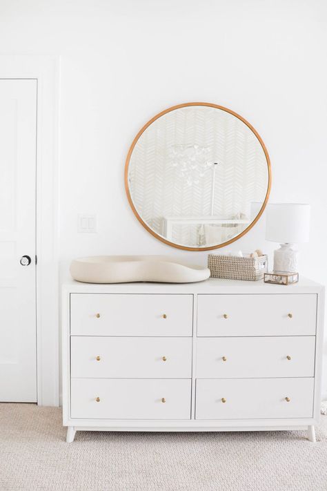 White Dresser Nursery, White Crib Nursery, Neutral Girl Nursery, Nursery Dresser Decor, Pottery Barn Nursery, Affordable Nursery, Cozy Baby Room, Peaceful Space, Baby Nursery Inspiration