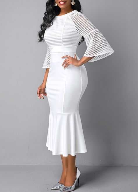 White Dresses For Church, White Mermaid Dress, Classy White Dress, Cogic Fashion, White Flare Dress, White Lace Gown, Church Dresses For Women, White Dress Styles, Chicken Zucchini