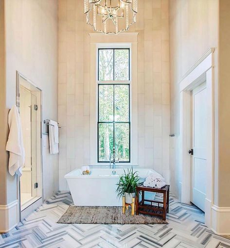 High Ceiling Bathroom, Modern Window Design, Ceiling Bathroom, Elegant Bathroom Design, Contemporary Windows, Pella Windows, Window In Shower, Industrial Home Design, Tall Windows