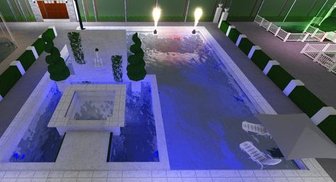 Bloxburg Inside Pool Ideas, Roblox Bloxburg House Ideas Mansion Beach, Bloxburg Community Pool, Backyard Ideas Bloxburg Modern, Bloxburg Pool Ideas With Slide, Bloxburg Modern Pool Ideas, Bloxburg Pools Ideas, Bloxburg Hotel Pool Ideas, Bloxburg Swimming Pool Ideas