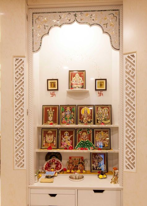 Pooja Room Ideas Indian Modern, Home Temple Ideas Puja Room, Pooja Room Ideas Indian, Beautiful Dorm Room, Prayer Room Ideas, Fresh Living Room, Disney Room Decor, Indian Room Decor, Wooden Front Door Design