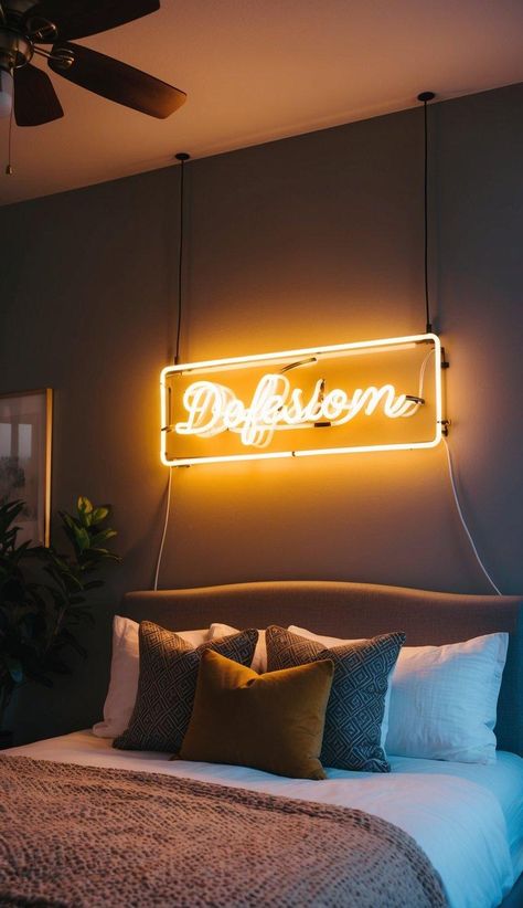 20 Gorgeous Bedroom Wall Decor Ideas You Need To See Neon Sign Over Bed, Sign Over Bed, Creative Shelves, Bedroom Wall Decor Ideas, Wall Mounted Candle Holders, Statement Art Pieces, Personalized Bedroom, Bedroom Ambiance, Gorgeous Bedrooms