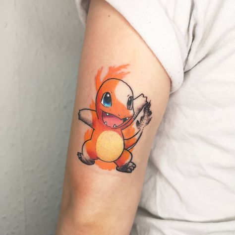 Pop Culture & Realism Tattoos on Instagram: “Mixed style Charmander for Tace 🥰🔥 . . . . . . . . #charmander #charmandertattoo #mixedstyletattoo #dotwork #dotworkcolour #pokemontattoo…” Charmander Tattoo, Siblings Tattoo For 3, Charizard Tattoo, Sibling Tattoos For 3, Pokemon Sleeves, Thigh Tattoo Quotes, Pikachu Tattoo, Gamer Tattoos, Realism Tattoos