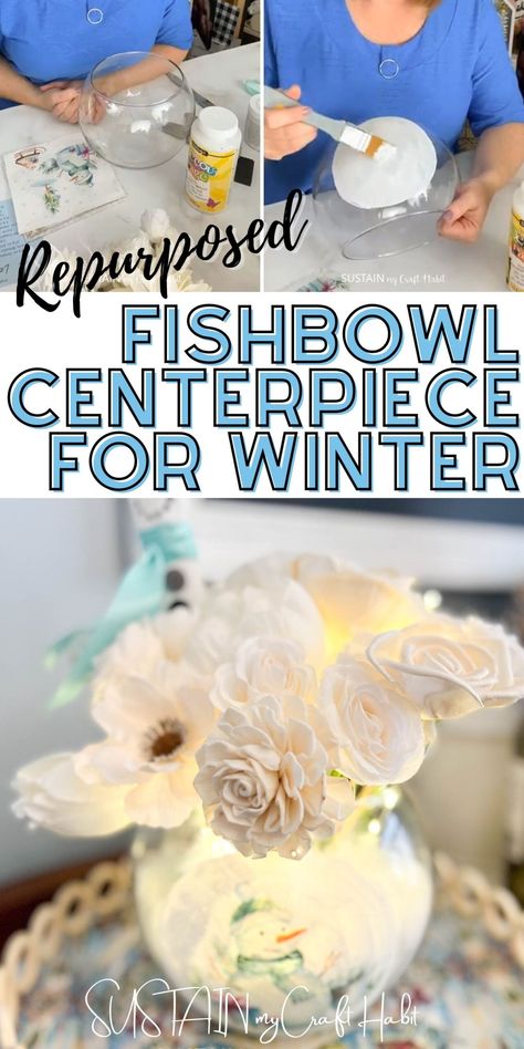 Repurposed Fishbowl Centerpiece for Winter – Sustain My Craft Habit Bowl Vase Ideas, Fish Bowl Centerpiece Wedding, Fish Bowl Ideas, Fishbowl Craft, Fish Bowl Decorations, Fishbowl Centerpiece, Wedding Shower Centerpieces, Fish Bowl Vases, Christmas Wedding Centerpieces