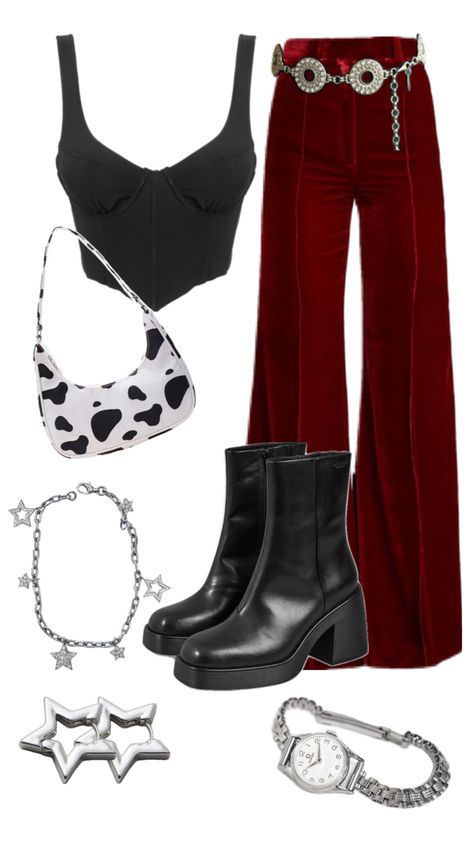 Burgundy flare pants with black corset top and black boots styled with cow print hand bag and silver jewelry Burgundy Pants, Black Corset Top, Black Corset, Flared Pants, Cow Print, Corset Top, Pants Outfit, Cute Casual Outfits, Hand Bag