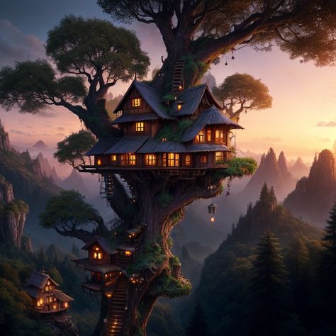 Fantasy Treehouse Concept Art, Treehouse Fantasy Art, Fairytale Treehouse, Treehouse Aesthetic, Fantasy Moodboard, Treehouse Art, Treehouse Village, Fantasy Treehouse, Magical Treehouse