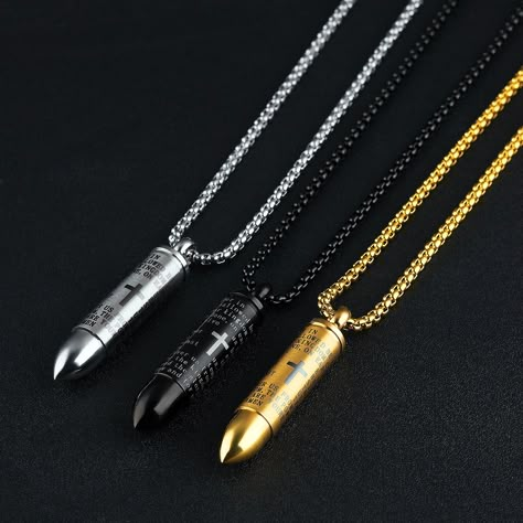 Engraved Cross, Bullet Necklace, Cheap Necklaces, Black Gold Jewelry, Lord's Prayer, Urn Necklace, Urn Necklaces, Skull Jewelry, Stainless Steel Pendant