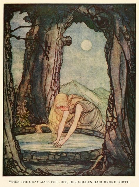 Rie Cramer - The Goose Girl at the Well - Grimm’s Fairy Tales - 1927  When the gray mask fell off, her golden hair broke forth. The Goose Girl, The Goose, Grimm Fairy Tales, Fairytale Illustration, Alphonse Mucha, Fairytale Art, Ethereal Art, 판타지 아트, Art And Illustration