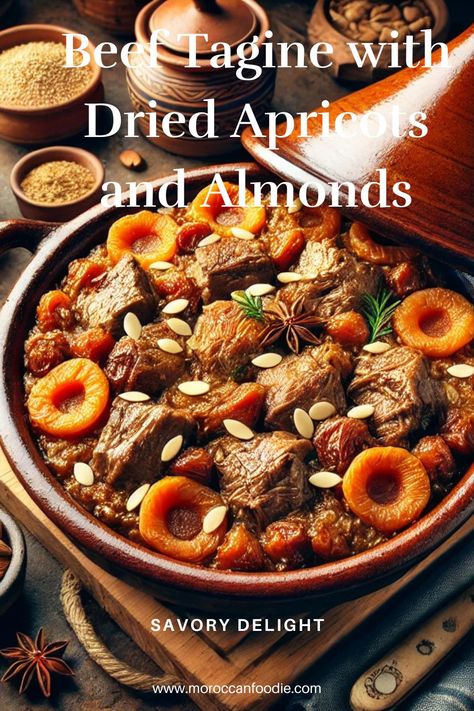 Discover how to make a flavorful Moroccan beef tagine with dried apricots and almonds. This easy recipe brings together sweet and savory flavors for a rich, authentic Moroccan dish perfect for any occasion. Beef Tagine Recipes, Moroccan Dish, Moroccan Tagine Recipes, Beef Tagine, Moroccan Beef, Tagine Recipes, Moroccan Dishes, Ras El Hanout, Exotic Food