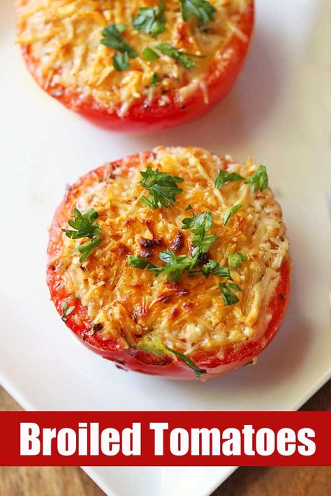 Easy Broiled Tomatoes with Parmesan | Healthy Recipes Tomatoes With Parmesan Cheese, Broiled Tomatoes With Cheese, Broiled Tomatoes Parmesan, Tomatoes For Breakfast, Breaded Tomatoes Recipe, Broiled Tomatoes, Fresh Cheese Recipe, Baked Tomato Recipes, Luncheon Recipes