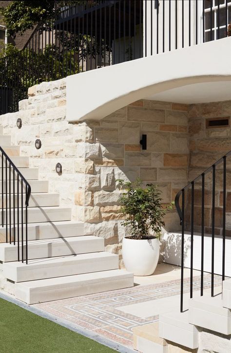 Stone House Stairs, Exterior Stairs Ideas, Balcony Stairs Outdoor, House Exterior Stairs, Exterior Staircase Design, Stone Stairs Outdoor, Sandstone House Exterior, Outdoor Staircase Design, Exterior Stairs Architecture