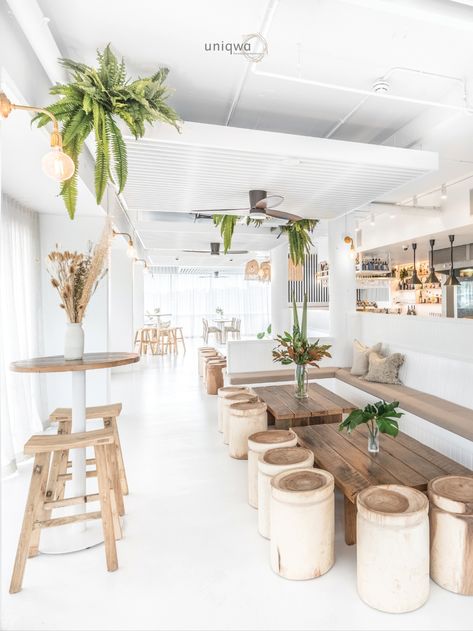 We are excited to share with you our latest commercial project! ✨ Gather by the Hill Bar & Kitchen! Designed by interior designer Simone Mathews from @soulhomeaus. We love how our natural timber furniture seamlessly fit in with this stunning white and green colour tones used for this cafe & restaurant interior design. Photography@uniqwacollections Designed By Simone Mathews from @soulhomeaus Venue @gatherbythehill Uniqwa Collections, Alternative Furniture, Architecture Restaurant, Bar Restaurant Design, Coffee Shop Interior Design, White Cafe, Cafe Shop Design, Coffee Shops Interior, Coffee Shop Design