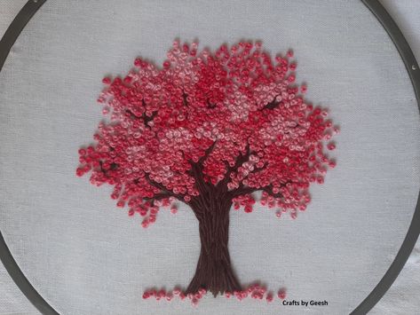 Step by step tutorial to stitch this cherry blossom tree can be found in YouTube. #cherryblossom #Tree # #HandEmbroidery # Embroidery Cherry Blossom Tree Embroidery Pattern, Hand Embroidery Tree Designs, Cherry Tree Embroidery, Embroidery Trees Tutorials, Embroidery Tree Pattern, Easy Embroidery Patterns For Beginners, Cherry Blossom Tree Embroidery, Blossom Tree Embroidery, Cherry Blossom Embroidery Pattern