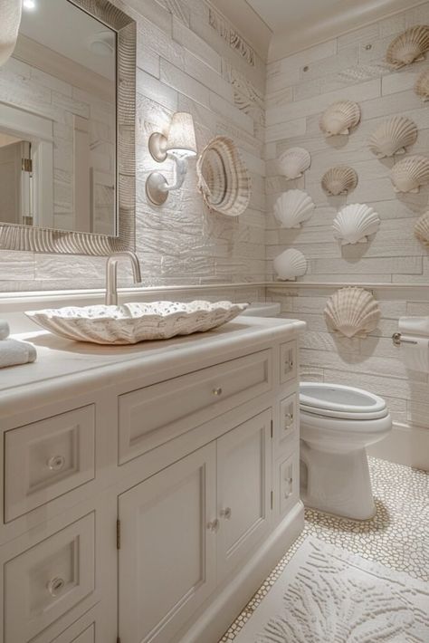 Seashell Serenity Bathroom Serenity Bathroom, Small Beach Bathroom Ideas, Coastal Theme Bathroom, Small Beach Bathroom, Beach Bathroom Decor Ideas, Coastal Powder Room, Ocean Bathroom, Beachy Bathroom, Beach House Bathroom