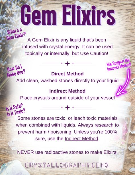 Instructions for safely making gem elixirs. A Gem Elixir is any liquid that's been 
infused with crystal energy. It can be used topically or internally, but Use Caution! 
Direct Method
Add clean, washed stones directly to your liquid

Indirect Method
Place crystals around outside of your vessel


Some stones are toxic, or leach toxic materials when combined with liquids. Always research to prevent harm / poisoning. Unless you're 100% sure, use the Indirect Method.

NEVER use radioactive stones. Toxic Crystals, Crystal Grimoire, Elixir Recipe, Witchcraft Diy, Crystal Elixir, Crystals Energy, Direct Method, Magic Spell Book, Be Dangerous