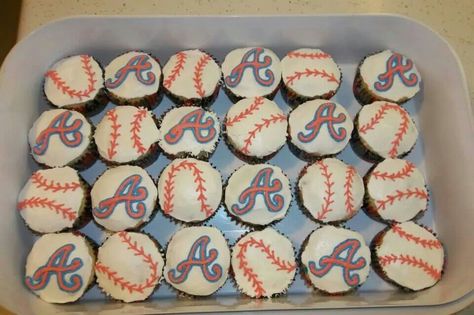 Atlanta Braves cupcakes Atlanta Braves Cupcakes, Atlanta Braves Birthday, Brave Birthday Party, Brave Party, Braves Party, Cupcakes Birthday, One Year Birthday, Cake Making, Baseball Birthday