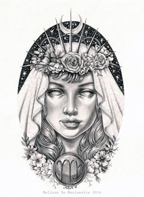 Virgo Witch Tattoo, Virgo Warrior Tattoo, Virgo The Maiden Tattoo, Virgo Female Tattoo, Maiden Virgo Tattoo, Virgo Zodiac Sign Tattoo Design, Virgo Tattoo Drawings, Virgo Leg Tattoo, Zodiac Sign Virgo Tattoo