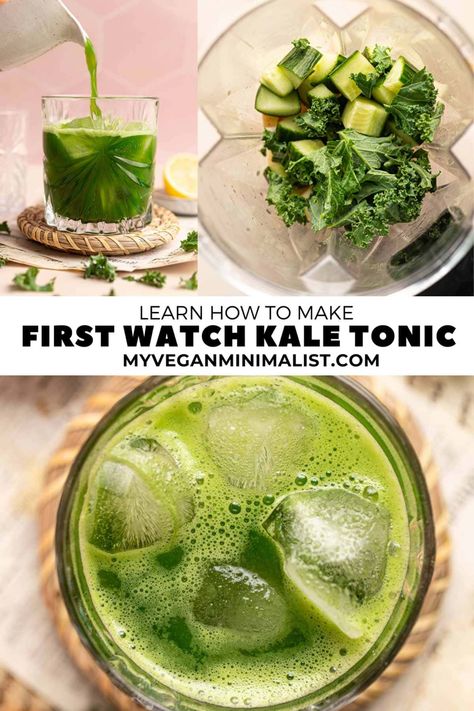 Kale Tonic First Watch Recipe, Kale Tonic Recipe, Kale Drink, Juice Cucumber, Kale Juice, Retro Desserts, Tonic Drink, First Watch, Green Juice Recipes