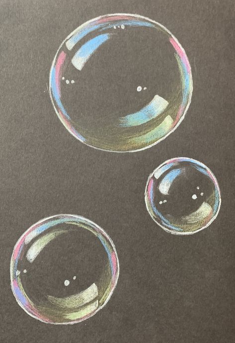 Bubble Color Pencil Drawing, How To Draw Bubbles On Black Paper, Bubble Drawing On Black Paper, Bubble Colored Pencil, Drawing Bubbles On Black Paper, Color Pencil Painting Ideas, Soap Bubbles Painting, Drawings On Grey Paper, Color Pencil Bubbles