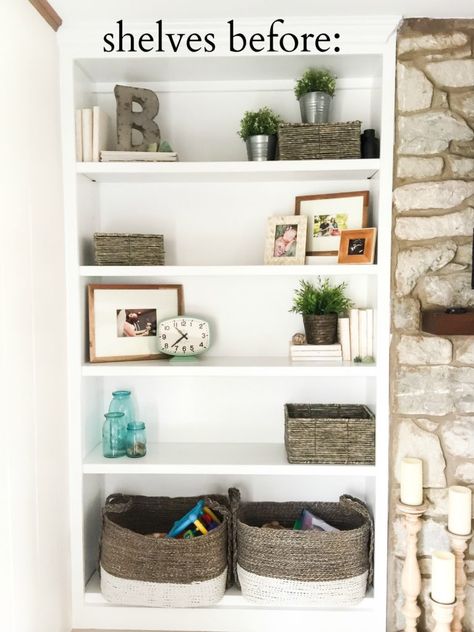 How to Style Open Shelves: 3 Tips for an Uncluttered Look - House by Hoff Cover Open Shelves, Decorating Living Room Shelves, Decorating Built In Shelves, Decorating Built Ins, Shelves In Living Room, Built In Shelves Living Room, Shelf Decor Living Room, Styling Shelves, Decorating Bookshelves