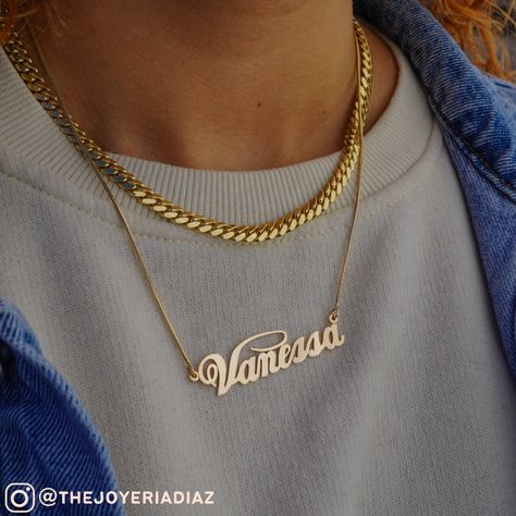 14K Name Necklace Vanessa Mame Necklace 14k Cuban Chain #nameplate #goldjewellery #names #fancynecklace #namenecklace Vanessa Necklace, Mexican Names, Gold Nameplate Necklace, Nameplate Necklace Gold, Name Plate Necklace, Fancy Necklace, Nameplate Necklace, Plate Necklace, Jewelry Lookbook