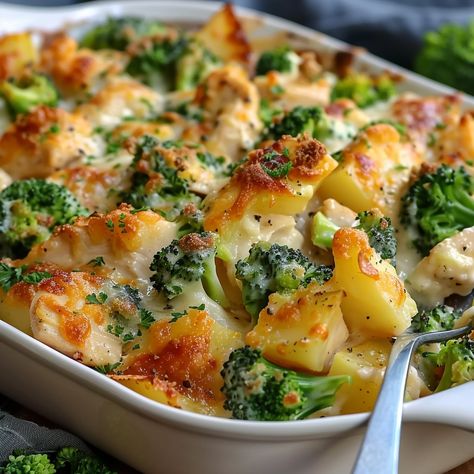 Baked Potato Chicken and Broccoli Casserole - Grammy Recipes Chicken And Potatoes Casserole Recipes, Rotisserie Chicken Broccoli Recipes, Healthy Chicken Casserole Clean Eating, Chicken Broccoli Potatoes, Chicken Potato Broccoli Casserole, Chicken Broccoli Baked Potato, Healthy Chicken Casserole Recipes, Baked Potato Chicken And Broccoli Casserole, Chicken Broccoli And Potato Bake