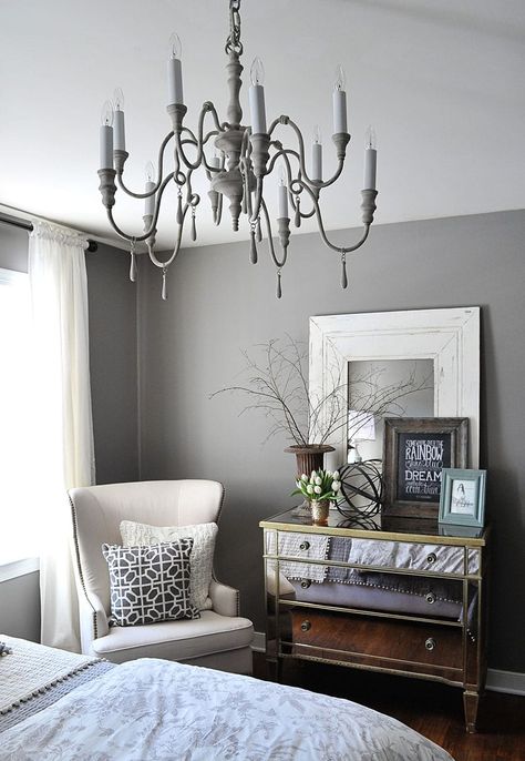 Mirrored dresser with white armchair Bedroom Armchair, Mirrored Dresser, Guest Bedroom Makeover, Color Concept, Gray Walls, Master Bed, Dreamy Bedrooms, Gray Bedroom, Bedroom Dressers