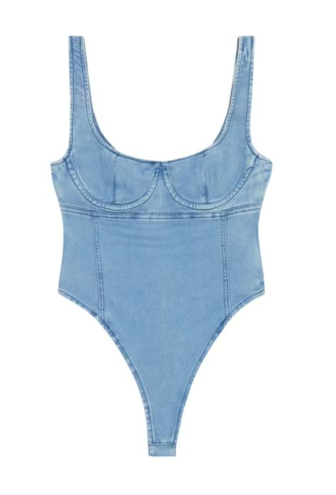 How I’m Taking Canadian Tuxedos To The Next Level Denim Swimwear, Denim Bodysuit, Diesel Brand, Diesel Store, Canadian Tuxedo, Diesel Industry, Blue Mini Skirt, Black Bandeau, Denim Corset