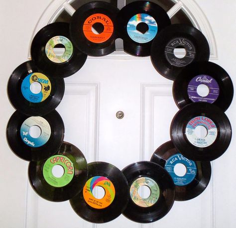 wreath made from vinyl records live. love. scrap. Record Projects, Scrap Wreath, Vinyl Record Projects, 50s Theme, Sock Hop Party, Vinyl Record Crafts, Reuse Crafts, Music Cards, Record Crafts