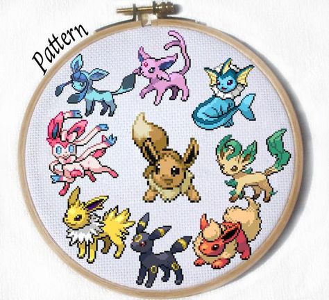 All Eeveelutions Cross stitch patterns- Eevee, Jolteon, Flareon, Vaporeon, Umbreon, Espeon, Leafeon, Glaceon and Sylveon! and is available for immediate download! If you would like a different pokemon, please message me, email me, or add it in the details of your purchase! All patterns are Glaceon And Sylveon, All Eeveelutions, Umbreon Espeon, Pokemon Cross Stitch Patterns, Geeky Cross Stitch, Pokemon Cross Stitch, Pokemon Craft, Beaded Cross Stitch, Diy Cross Stitch