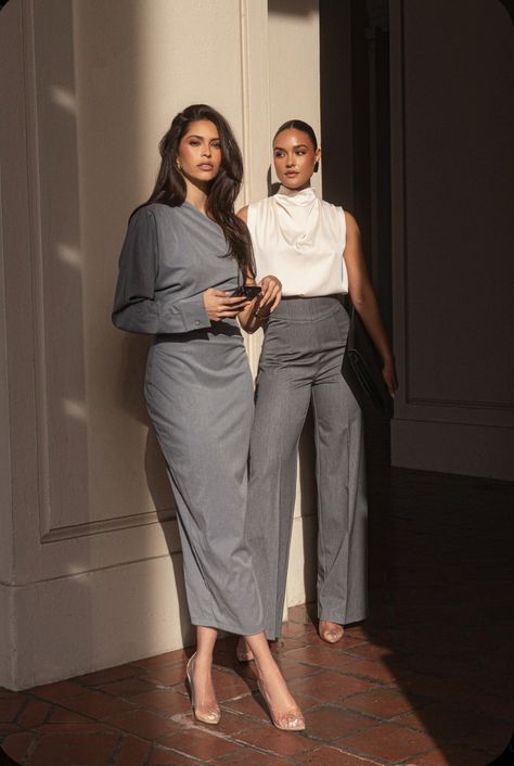 Elegant Attire Classy Outfits, Dramatic Clothing Style, Grey Dress Outfit, Classic Fashion Looks, One Shoulder Midi Dress, Bra Models, Effortlessly Chic Outfits, Classy Work Outfits, Work Looks