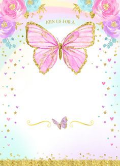 Pink Glitter Butterfly - Birthday Invitation Template (free image and visual related images Butterfly Birthday Party Invitations, Butterfly Birthday Party Decorations, Butterfly Themed Birthday Party, Butterfly Birthday Theme, Butterfly Baby Shower Invitations, Butterfly Invitations, Baby Birthday Invitations, Butterfly Birthday Party, Bday Invitations