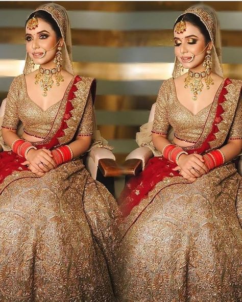 #lehengainspiration #lehengawedding #lehengagoals #lehenga #lehengas #lehengalove #designerlehenga #designerskirts #weddinglehenga #wedding… Golden Bridal Lehenga With Red Dupatta, Golden Lehenga Brides, Lehenga With Red Dupatta, Golden Bridal Lehenga, Indian Bridal Wear Red, Golden Lehenga, Golden Queen, Red Dupatta, Baju Kahwin