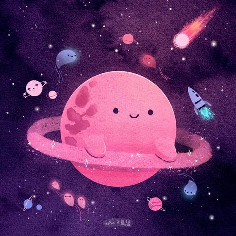 Space is a fun place✨ . . . #cute #planet #space #artistsoninstagram #ellievsbear #illustration #painting #doodle #childrenwritersguild… Space Cute Art, Cute Space Creatures, Whimsical Space Art, Cute Alien Concept Art, Cute Planet Illustrations, Birthday Fanart, Pink Planet, Planet Drawing, Senior Thesis