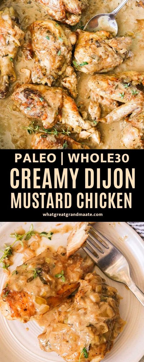 Delicious and easy creamy dijon mustard chicken pan fried then baked all in one pan! It's paleo friendly and can be made dairy free, and it's a perfect weeknight meal! Paleo Mustard Chicken, Dairy Free Dijon Chicken, Whole 30 Dijon Chicken, Instapot Dijon Mustard Chicken, Baked Chicken Dairy Free, Chicken Mustard Cream Sauce, Creamy Dijon Chicken And Potatoes, Dijon Mustard Chicken Baked, Low Carb Dairy Free Recipes