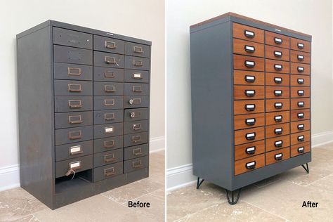 Filing Cabinet Repurpose, Metal Cabinet Makeover, Painting Metal Cabinets, Metal Drawer Cabinet, Hairpin Legs Diy, Cabinet Makeover Diy, Vintage Metal Cabinet, Drawers Repurposed, File Cabinet Makeover