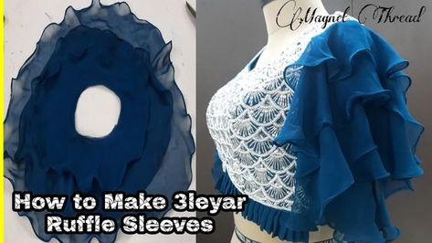 Blouse Freel Sleeves, Ruffle Sleeves Blouses, Ruffle Neck Design, Stitching Hacks, How To Make Ruffles, Fancy Dress Patterns, Ruffle Blouse Designs, Ruffle Sleeves Pattern, Blouse Tutorial