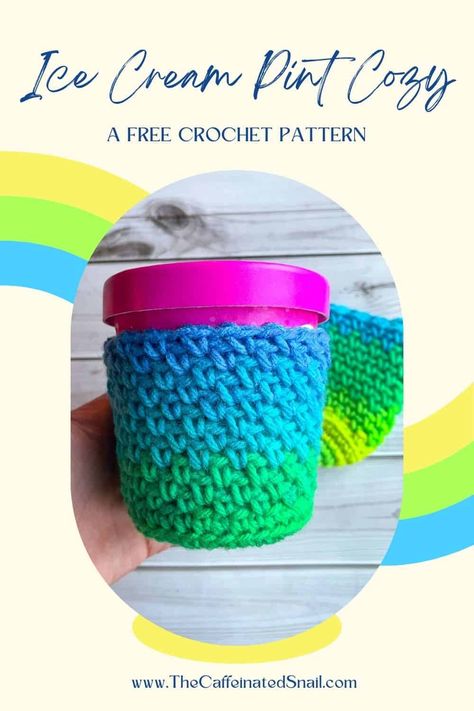 If you love ice cream no matter the season, you’ll absolutely enjoy this ice cream pint cozy crochet pattern. Keep your hands warm while eating your favorite frozen treat. Ice Cream Cozies, Ice Cream Cozy Crochet, Crochet Ice Cream Pint Cozy Pattern, Crochet Pint Cozy, Cactus Crochet Pattern Free, Bowl Cozy Crochet Pattern, Coozie Pattern, Crochet Summer Patterns, Ice Cream Pint Cozy