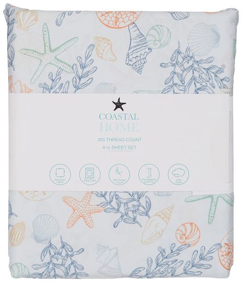 PRICES MAY VARY. Bealls Florida Exclusive Imported Indoor Use Only Coastal Home adds a touch of coastal style to your home decoration. This sheet set features a fun seaweed & shell print design, made with recycled yarns, soft to the touch and fits up to a 17in mattress. 300 thread count. Set includes one fitted sheet, one flat sheet and two pillow cases (one for twin size). Fabrication 55% cotton, 45% recycled polyester. Coastal Bed Sheets, Beachy Bed Sheets, Cute Beach Room Decor, Beach Themed Dorm Room, Ocean Bedroom Kids, Room Decor Beach Theme, Boho Beach Room, Bedding Coastal, Surf Bedroom