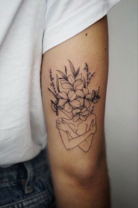 Love Your Self Tattoo With Flowers, Woman’s Silhouette Tattoo, Self Love Flower Tattoo, Growth Tattoo Ideas For Women, Lady Flower Tattoo, Floral Woman Tattoo, Dandelion Tattoo Design For Women, Floral Head Tattoo, Feminine Flower Tattoos