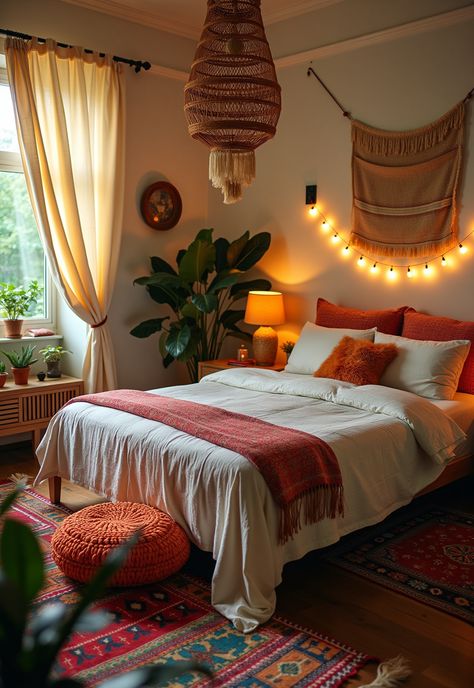 Boho Bedroom with Curtain Lights Neon Boho Bedroom, Bedroom Curtain Lights, Bright Boho Bedroom, Dreamy Apartment, Boho Rooms, Hippie Room, Bedroom Vibes, Hippie Bedroom, Textured Fabrics