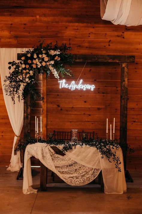 Mr And Mrs Rustic Wedding Table, Wedding Table Decorations For Mr And Mrs, His And Her Table Wedding Decor, Mr And Mrs Reception Table, Bride And Groom Rustic Table, Bride And Groom Sweetheart Table, Backdrop Behind Sweetheart Table, Western Wedding Head Table Ideas, Farmhouse Sweetheart Table Wedding