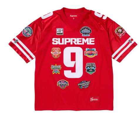 Supreme Championships Football Jersey Red Poly eyelet mesh with dazzle yoke  Embroidered patches on front and back and sleeves Tackle twill appliqué Supreme spellout on front and Jerseys numbers on at front, shoulders and back.  Supreme athletic label at lower front. Jersey will be shipped once payment is received Bid only if you intend on purchasing item Please Complete Payment on Time! I am very active on eBay.  Any Questions? Feel Free to ask! Happy Bidding! Hiphop Logo, Football Jersey Outfit, Unusual Clothes, Red Streetwear, Street Fashion Men Streetwear, Jersey Outfit, Mens Fashion Casual Outfits, Shirt Store, Winter 2023